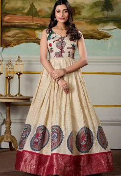 Woven Art Silk Gown in Light Beige
