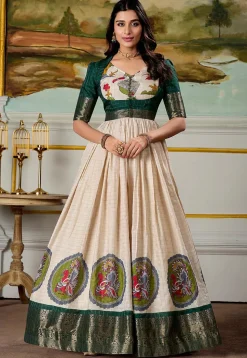Woven Art Silk Gown in Light Beige