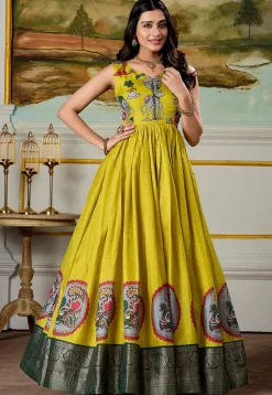 Woven Art Silk Gown in Yellow