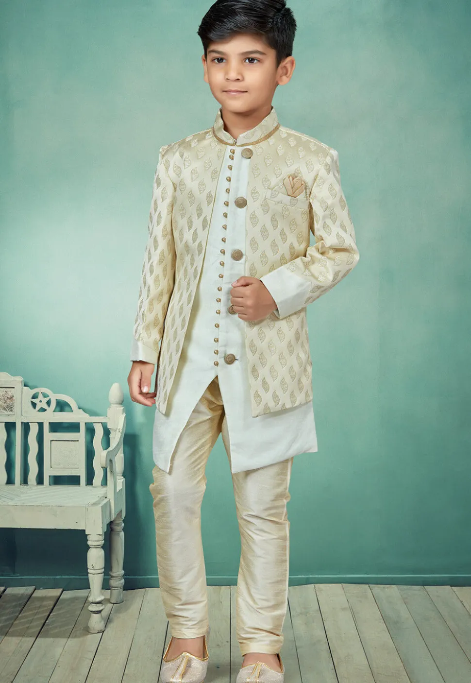 Woven Art Silk Jacket Style Sherwani in Cream and Off White