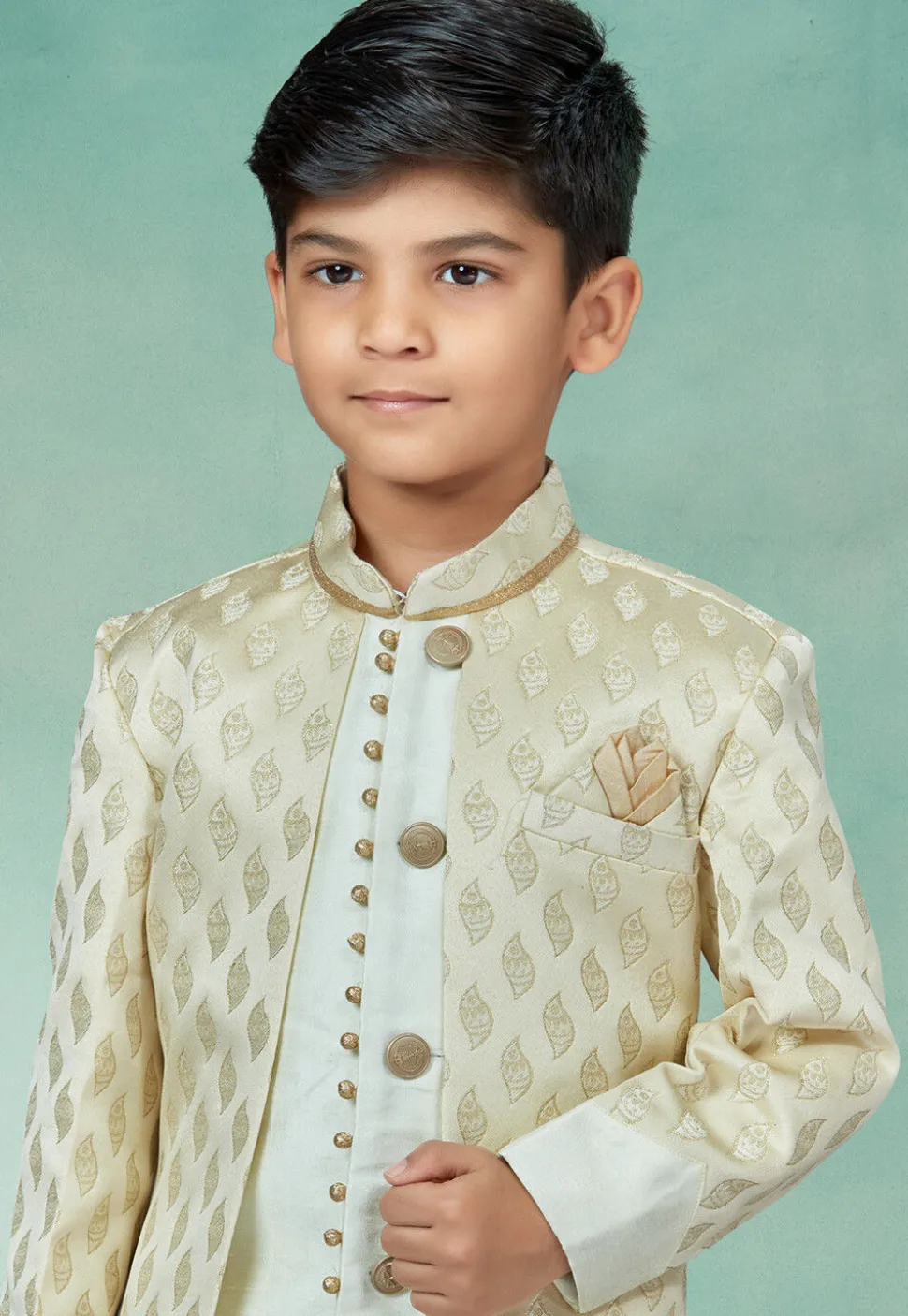 Woven Art Silk Jacket Style Sherwani in Cream and Off White