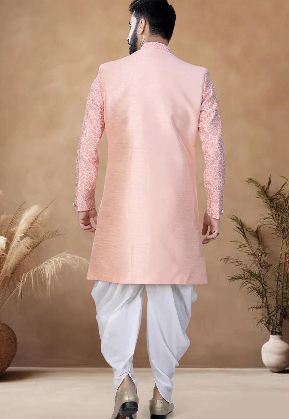 Woven Art Silk Jacket Style Sherwani in Peach