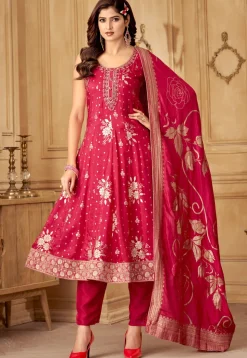 Woven Art Silk Jacquard Anarkali Suit in Fuchsia
