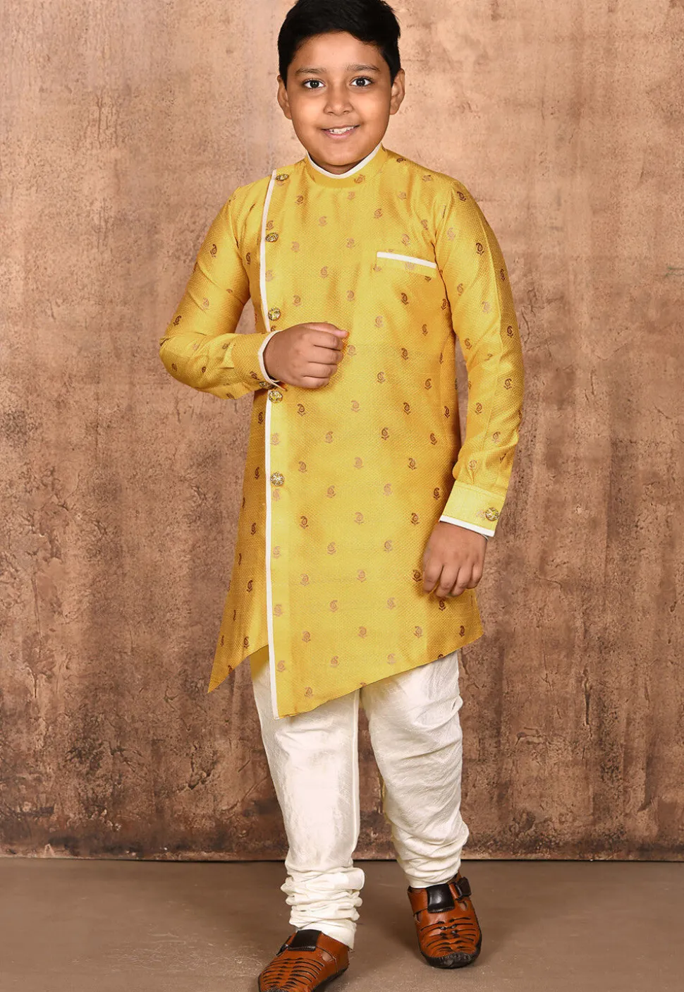 Woven Art Silk Jacquard Asymmetric Sherwani in Yellow