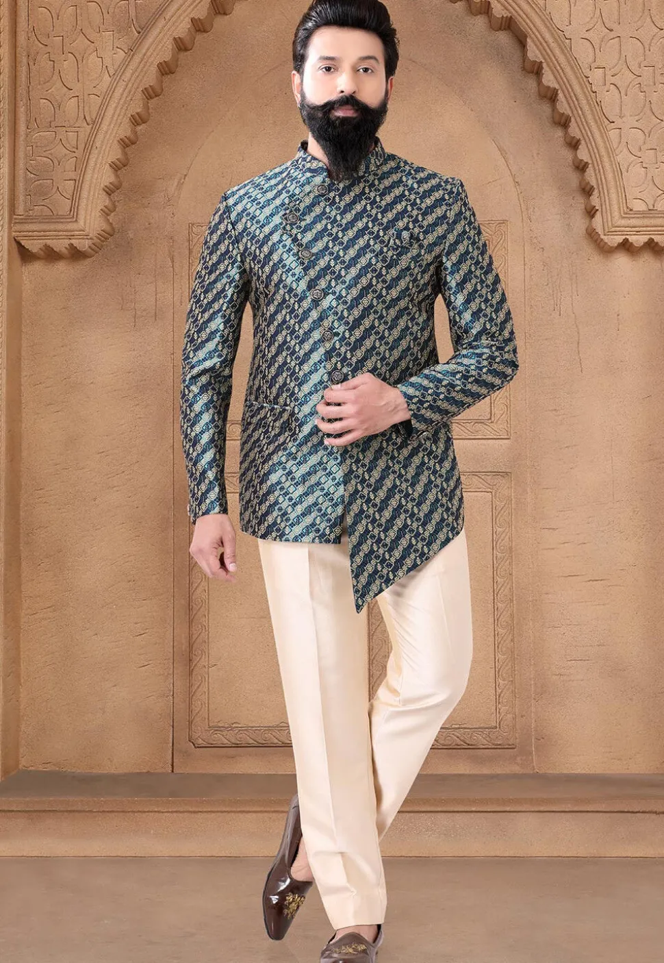 Woven Art Silk Jacquard Asymmetric Jodhpuri Suit in Teal Blue