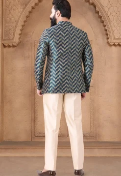 Woven Art Silk Jacquard Asymmetric Jodhpuri Suit in Teal Blue