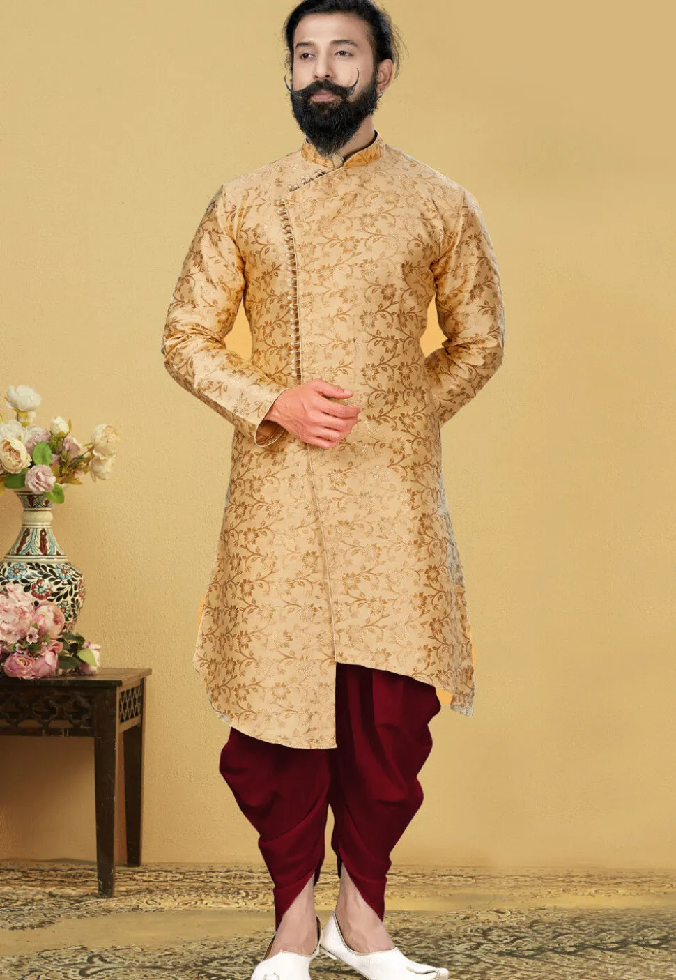 Woven Art Silk Jacquard Asymmetric Dhoti Sherwani in Beige