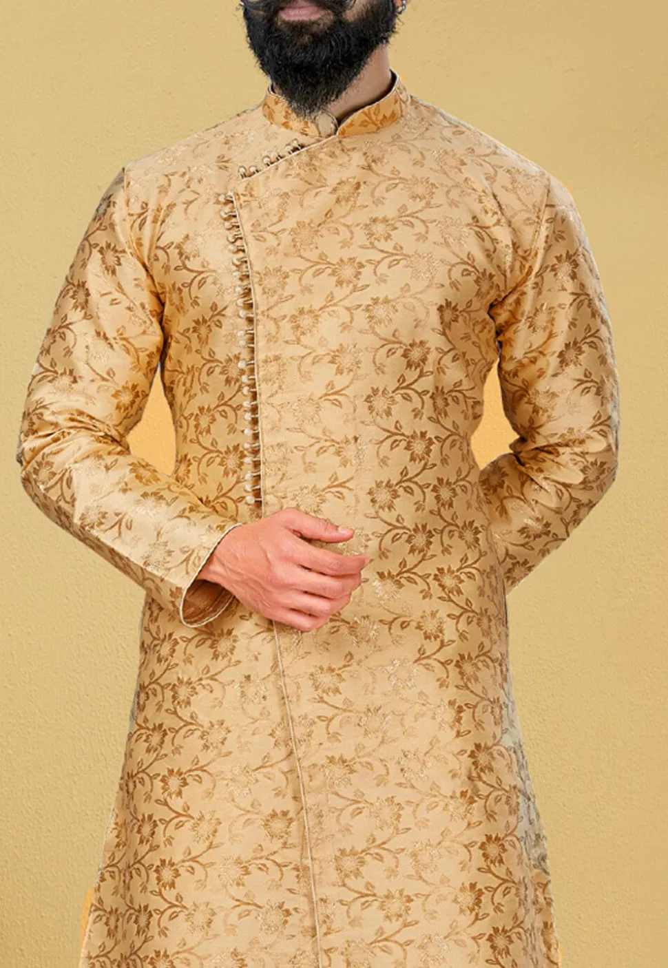 Woven Art Silk Jacquard Asymmetric Dhoti Sherwani in Beige