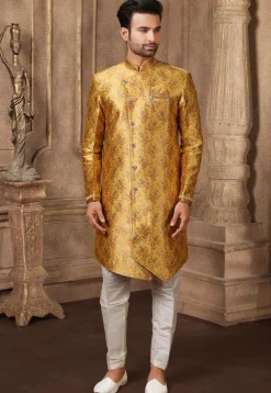 Woven Art Silk Jacquard Asymmetric Sherwani in Mustard