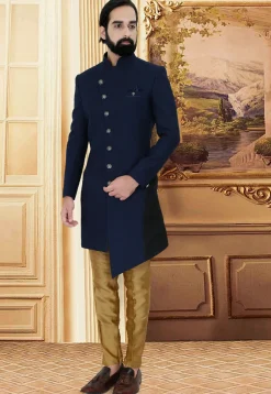Woven Art Silk Jacquard Asymmetric Jodhpuri Suit in Navy Blue