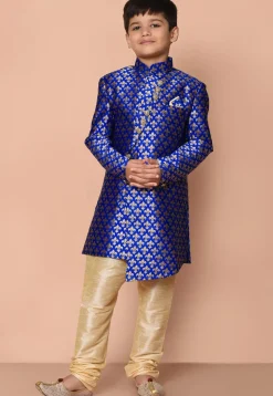 Woven Art Silk Jacquard Asymmetric Kurta Set in Royal Blue