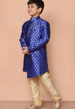 Woven Art Silk Jacquard Asymmetric Kurta Set in Royal Blue