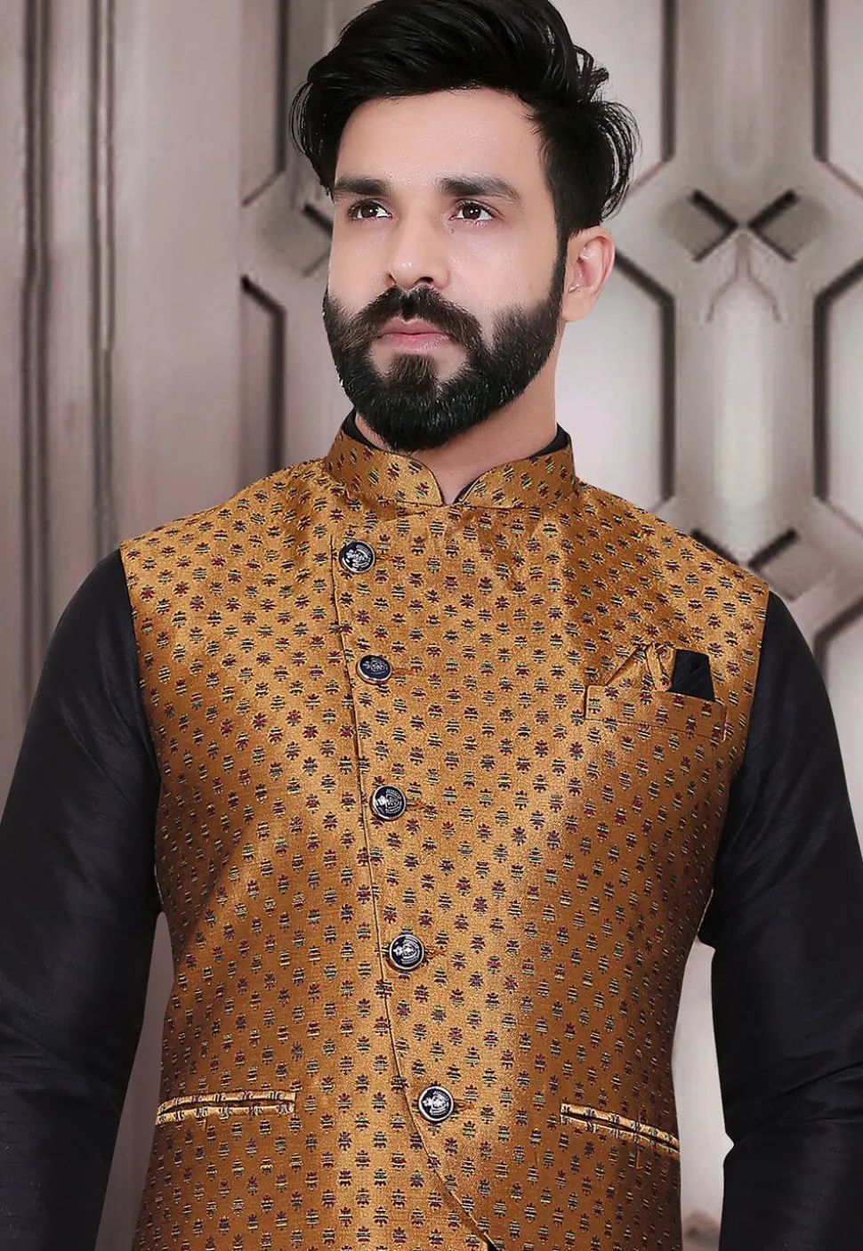 Woven Art SIlk Jacquard Asymmetric Nehru Jacket in Golden