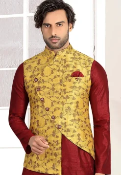 Woven Art Silk Jacquard Asymmetric Nehru Jacket in Mustard