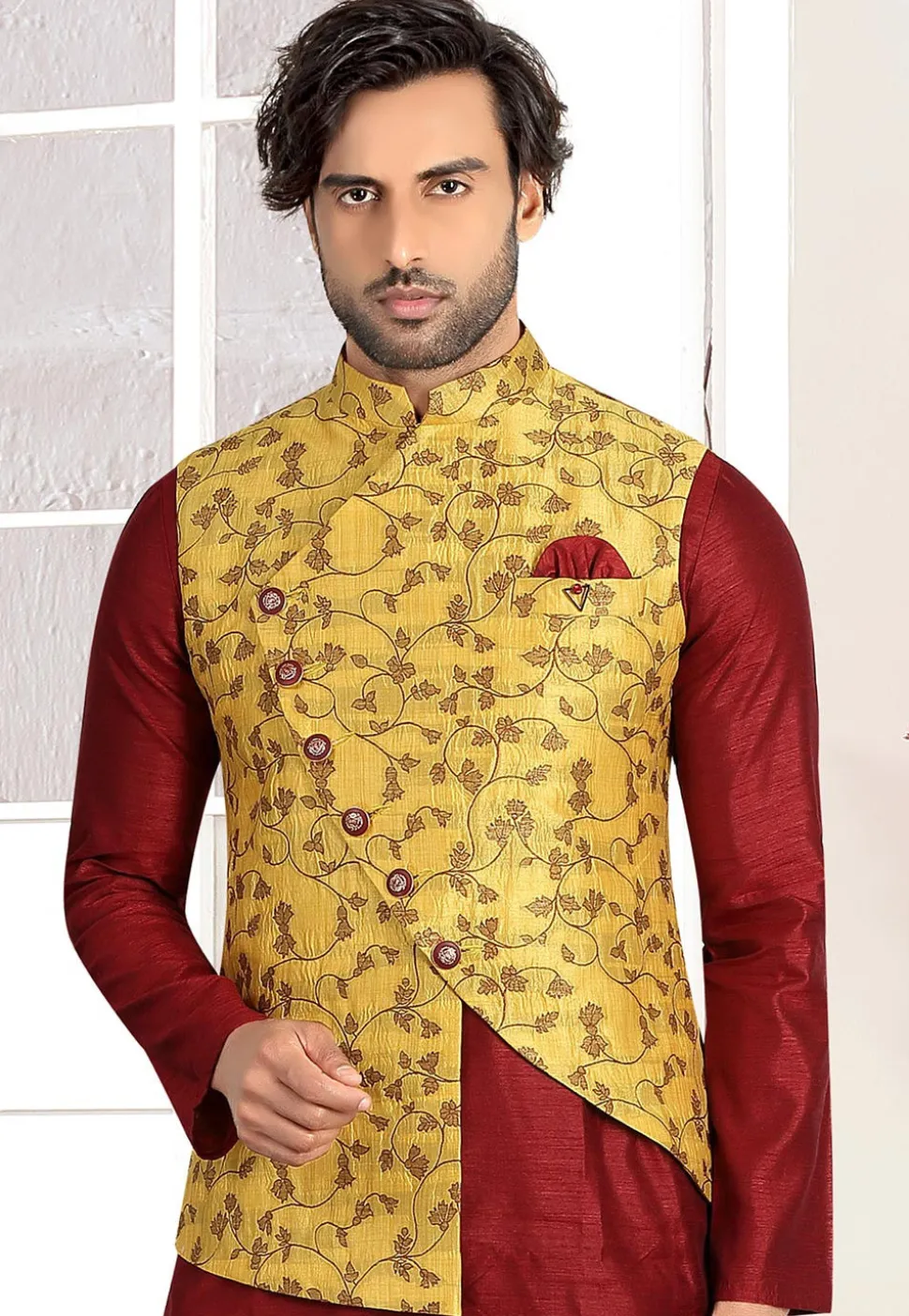 Woven Art Silk Jacquard Asymmetric Nehru Jacket in Mustard