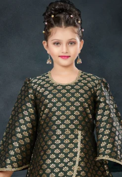 Woven Art Silk Jacquard A Line Suit in Dark Green