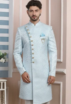 Woven Art Silk Jacquard Asymmetric Sherwani in Sky Blue
