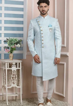 Woven Art Silk Jacquard Asymmetric Sherwani in Sky Blue