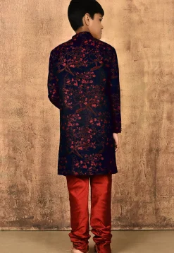 Woven Art Silk Jacquard Asymmetric Sherwani in Navy Blue