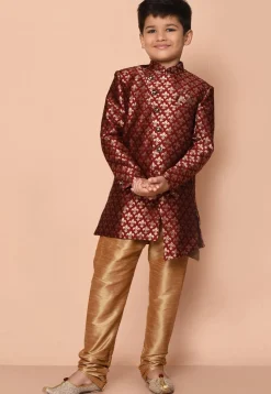 Woven Art Silk Jacquard Asymmetric Kurta Set in Maroon