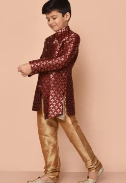 Woven Art Silk Jacquard Asymmetric Kurta Set in Maroon