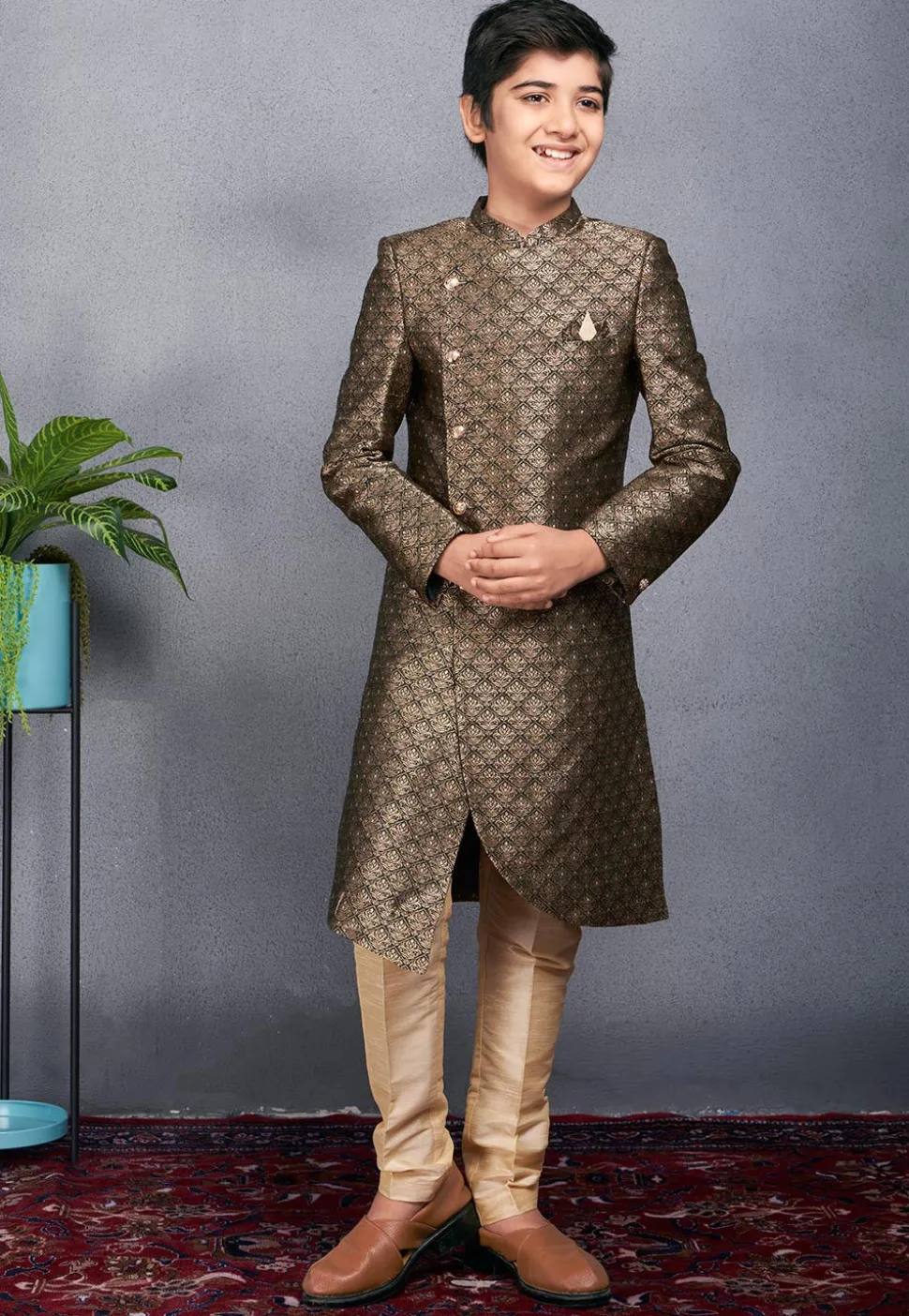 Woven Art Silk Jacquard Asymmetric Sherwani in Beige