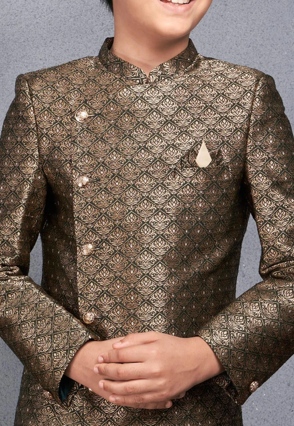 Woven Art Silk Jacquard Asymmetric Sherwani in Beige