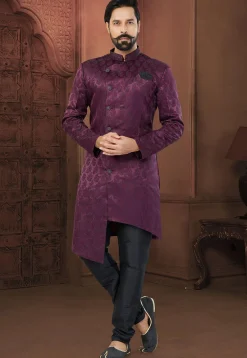 Woven Art Silk Jacquard Asymmetric Sherwani in Wine