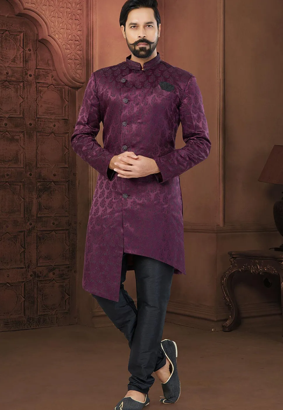Woven Art Silk Jacquard Asymmetric Sherwani in Wine