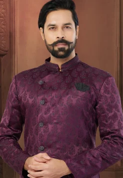 Woven Art Silk Jacquard Asymmetric Sherwani in Wine