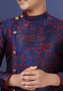 Woven Art Silk Jacquard Asymmetric Sherwani in Navy Blue