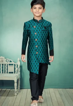 Woven Art Silk Jacquard Asymmetric Sherwani in Green and Black