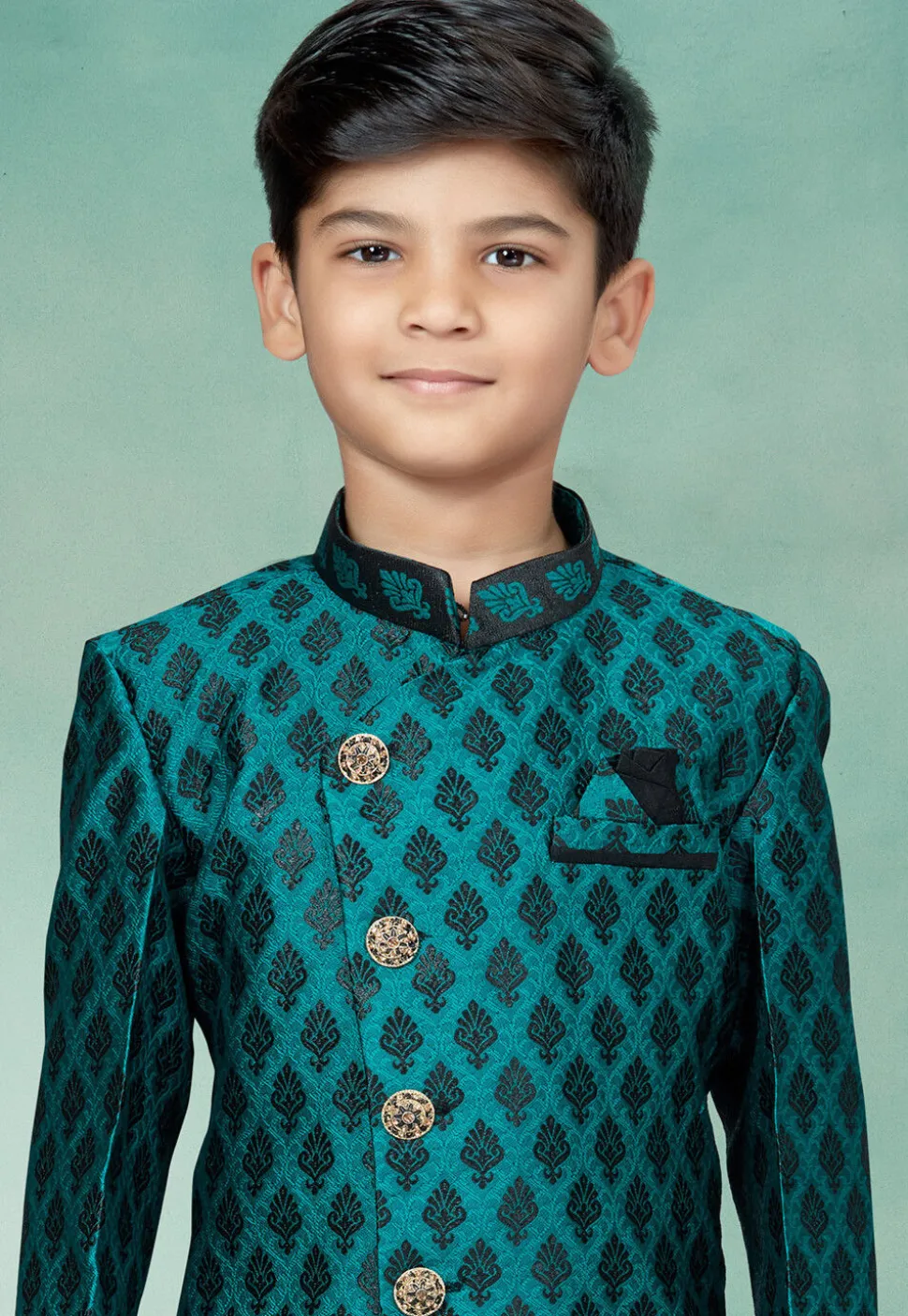 Woven Art Silk Jacquard Asymmetric Sherwani in Green and Black