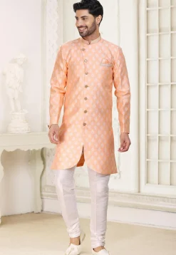 Woven Art Silk Jacquard Asymmetric Sherwani in Peach