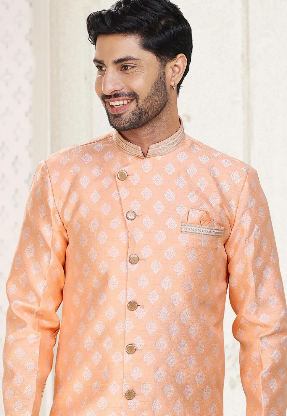 Woven Art Silk Jacquard Asymmetric Sherwani in Peach