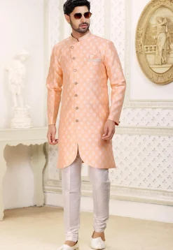 Woven Art Silk Jacquard Asymmetric Sherwani in Peach