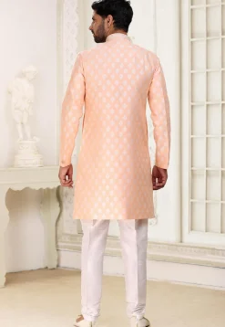 Woven Art Silk Jacquard Asymmetric Sherwani in Peach