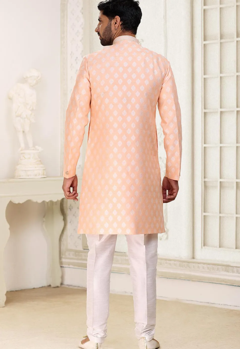 Woven Art Silk Jacquard Asymmetric Sherwani in Peach