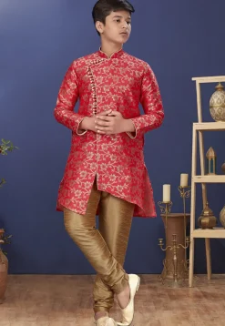 Woven Art Silk Jacquard Asymmetric Sherwani in Coral Pink