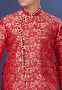 Woven Art Silk Jacquard Asymmetric Sherwani in Coral Pink