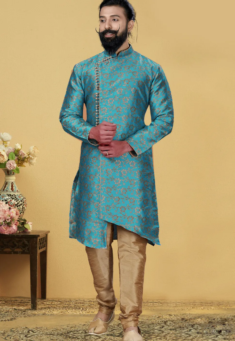 Woven Art Silk Jacquard Asymmetric Sherwani in Blue