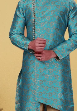 Woven Art Silk Jacquard Asymmetric Sherwani in Blue