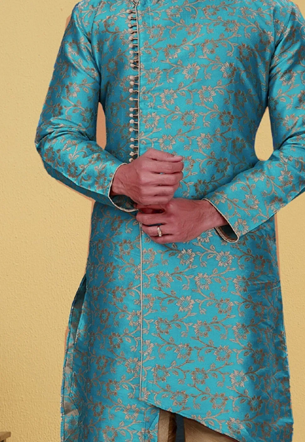 Woven Art Silk Jacquard Asymmetric Sherwani in Blue