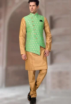 Woven Art Silk Jacquard Asymmetric Nehru Jacket in Light Green