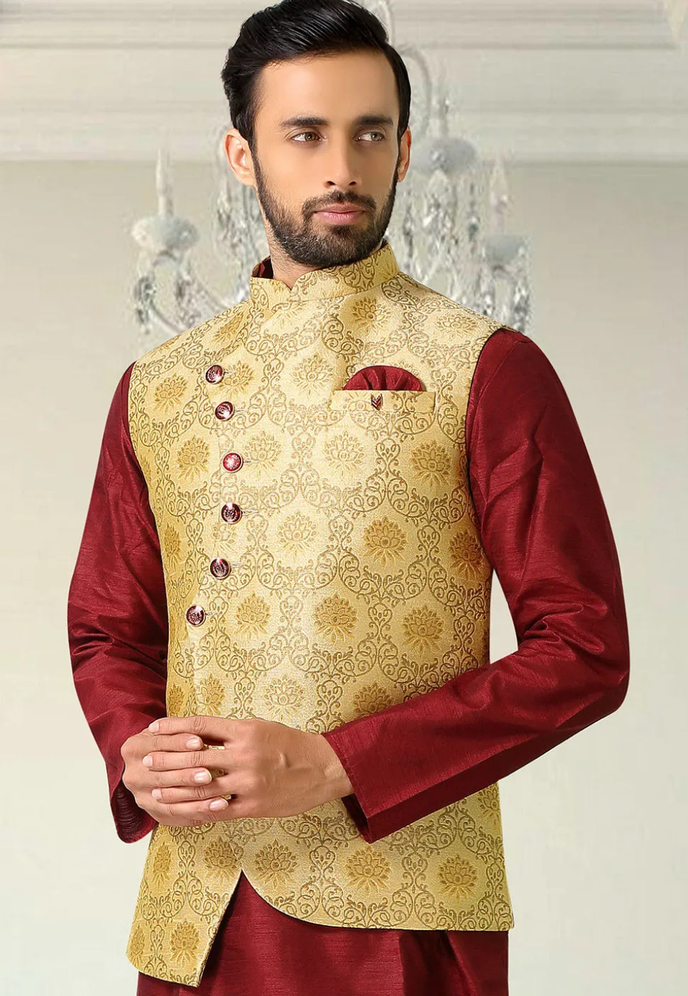 Woven Art Silk Jacquard Asymmetric Jacket in Beige
