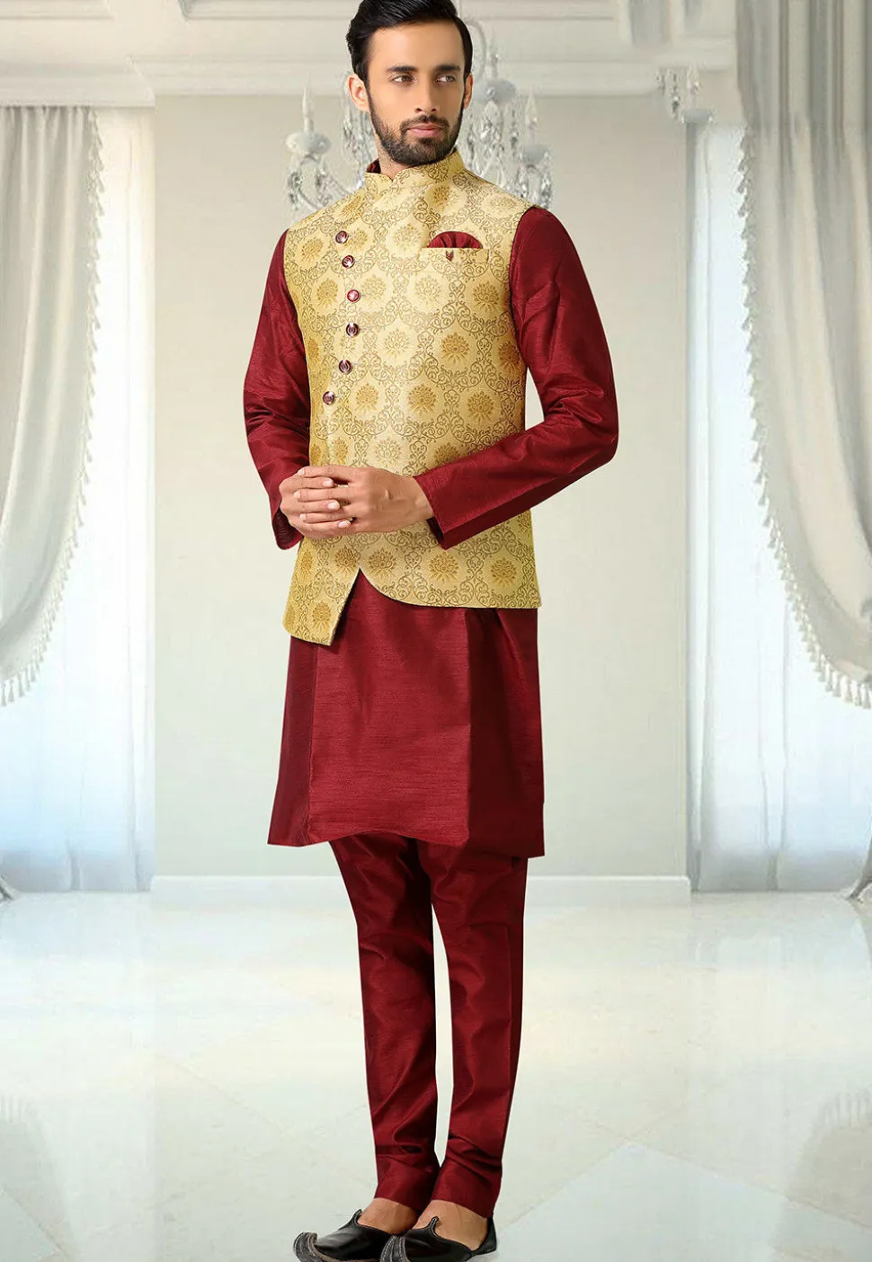Woven Art Silk Jacquard Asymmetric Jacket in Beige