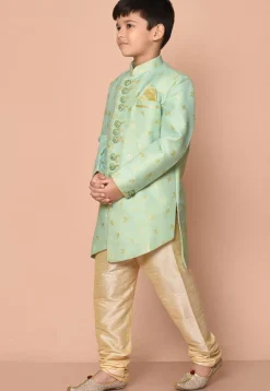 Woven Art Silk Jacquard Asymmetric Kurta Set in Pastel Green