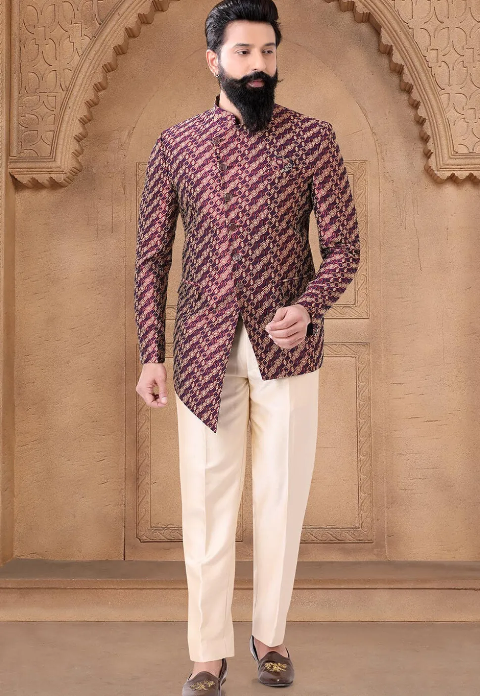 Woven Art Silk Jacquard Asymmetric Jodhpuri Suit in Maroon