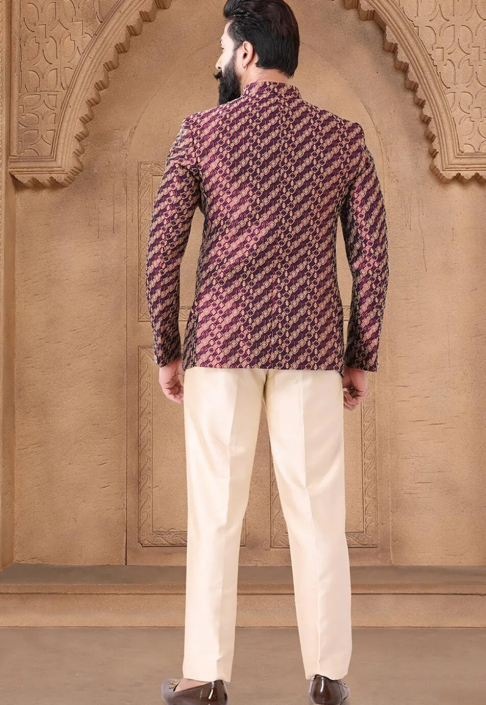 Woven Art Silk Jacquard Asymmetric Jodhpuri Suit in Maroon