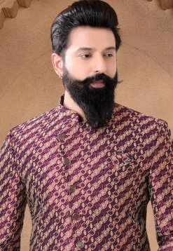 Woven Art Silk Jacquard Asymmetric Jodhpuri Suit in Maroon